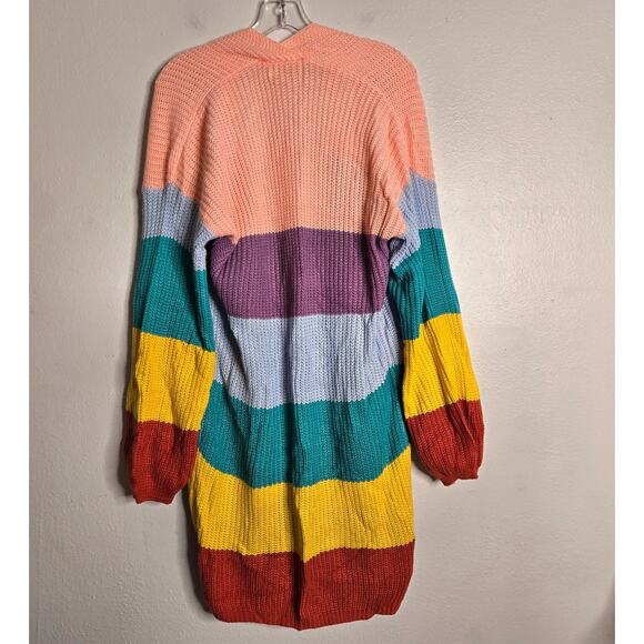 Colorful Rainbow Striped Chunky Knit Duster Cardigan Size M - Picture 2 of 10